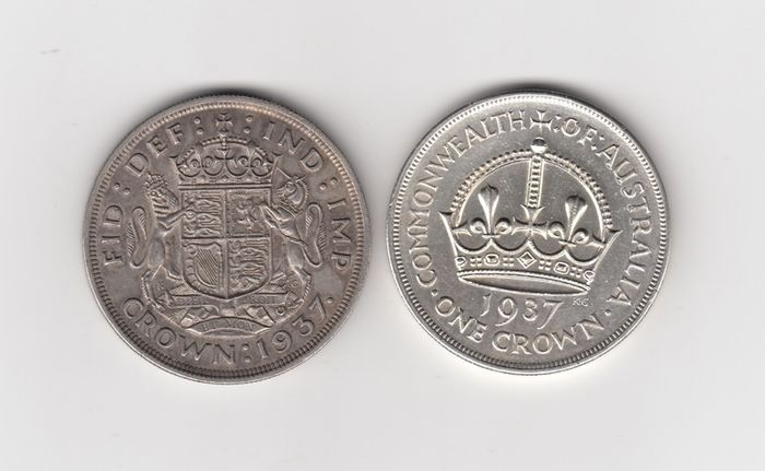 1937, Australian Crown,92.5% silver coin & 1937 G.B. Crown 50% silver coin (no. 498)