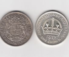 1937, Australian Crown,92.5% silver coin & 1937 G.B. Crown 50% silver coin (no. 498)