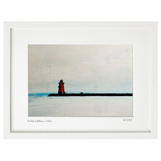 Grey Day, Poolbeg Lighthouse, Dublin, White Frame Print by artist Helen Mathews