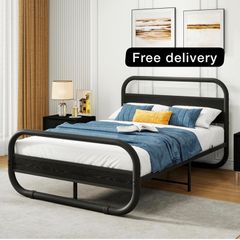 Double Size Bed Frame with Headboard,Oval-Shaped Platform Bed with Under-Bed