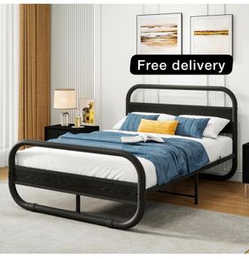 Double Size Bed Frame with Headboard,Oval-Shaped Platform Bed with Under-Bed