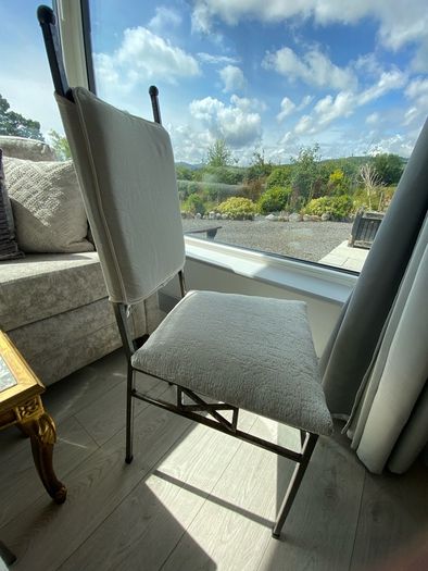Set of 6 metal frame dining chairs with newly upholstered seats