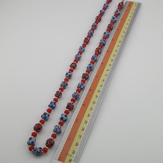 Antique Venetian Style Blue Skunk Eyes & Red Venetian WhiteHeart Glass Beads Necklace