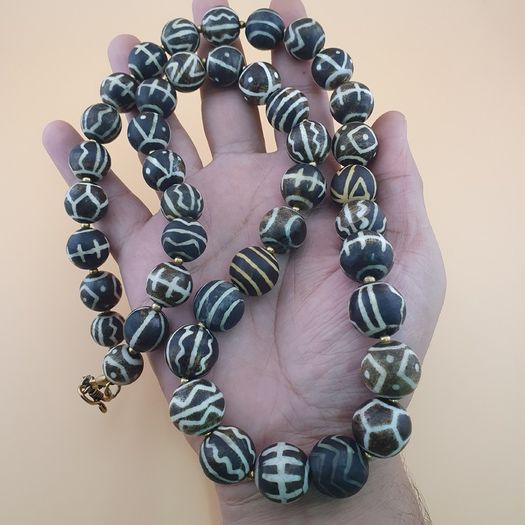 Burmese Antique Pumtek Pyu Petrified Wood Stone Beads Necklace 24 Inches