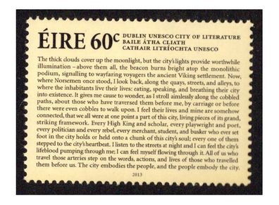 2013 Ireland Dublin UNESCO City of Work Literature Commemorative Stamp Mint Never Hinged (MNH)