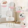White Dressing Table Chair, Sherpa Fleece Vanity Chair with Stroage Space and Metal Legs, Makeup Vanity Stool with Pillow & Foldable Backrest, Accent Chairs for Bedroom Makeup Image 4