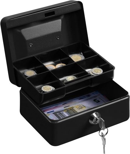 NEW SALE | Money Box with Key - 6 inch Money Tin with Lock - Small Lockable Cash Box with Coin Tray for Petty Cash Coins Notes - Locking Metal Safe Box with 2 Keys - Black Matt