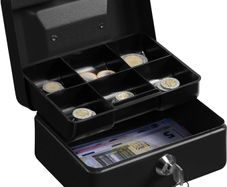 NEW SALE | Money Box with Key - 6 inch Money Tin with Lock - Small Lockable Cash Box with Coin Tray for Petty Cash Coins Notes - Locking Metal Safe Box with 2 Keys - Black Matt