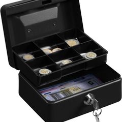 NEW SALE | Money Box with Key - 6 inch Money Tin with Lock - Small Lockable Cash Box with Coin Tray for Petty Cash Coins Notes - Locking Metal Safe Box with 2 Keys - Black Matt