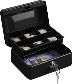 NEW SALE | Money Box with Key - 6 inch Money Tin with Lock - Small Lockable Cash Box with Coin Tray for Petty Cash Coins Notes - Locking Metal Safe Box with 2 Keys - Black Matt