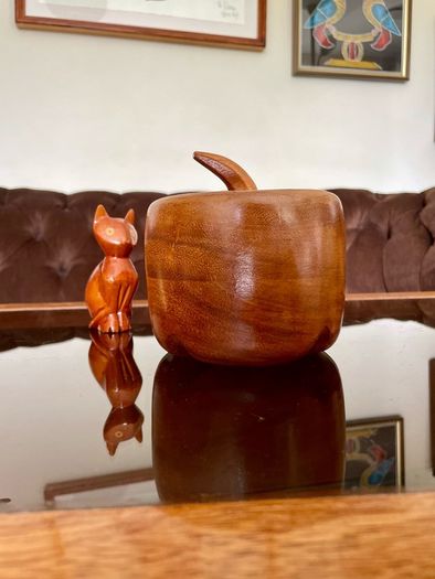 Vintage Apple Shaped Wood Jar Container Round Wooden Box 1960s 70s