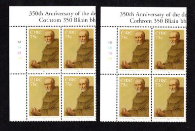 2007 Ireland 350th Death Anniversary of Father Luke Wadding Commemorative Stamp Plate 1A1A1A1A & 1B1B1B1B Mint Never Hinged (MNH)