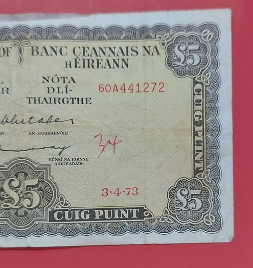 Irish 1973 Lavery Five pound banknote in Fine condition