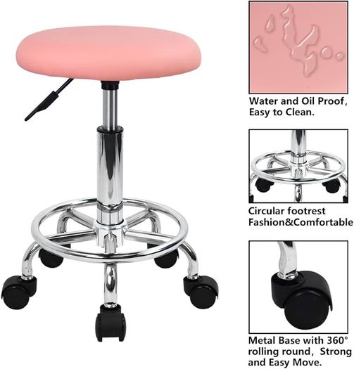 Swivel Rolling Stool Height Adjustable PU Leather Cushion Salon Vanity Massage Office Stool Chair Small