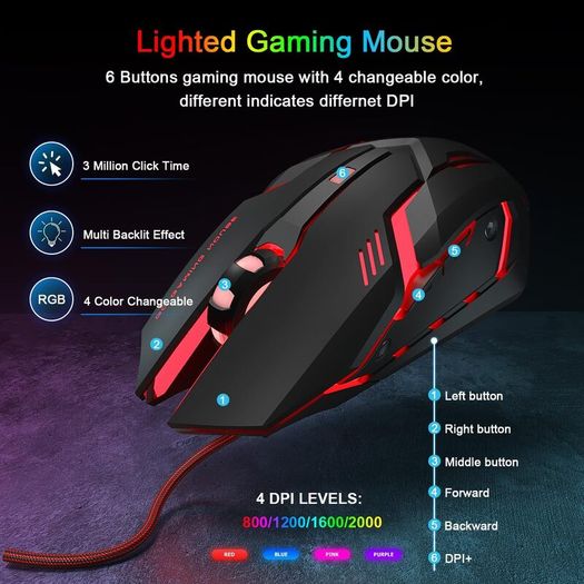Gaming Keyboard and Mouse Set with Headset, UK Layout, RGB Backlit Wired Keyboard, Ergonomic 4-Color LED Gaming Mouse, Over-Ear Headphones, Large Mousepad, USB Plug & Play for PC Mac PS5 Xbox