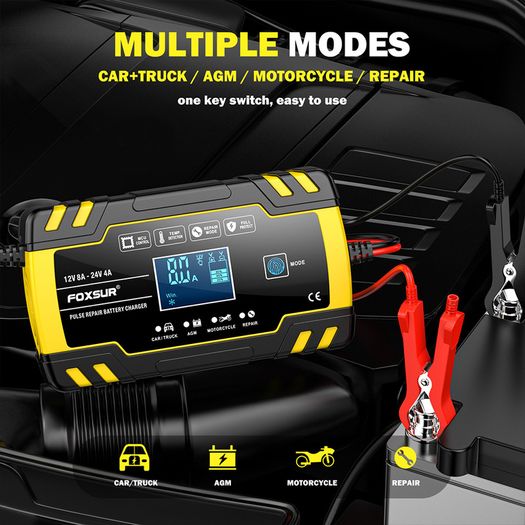 FOXSUR FBC122408D Car Battery Charger,12V/24V 8A 4A Intelligent Automatic Battery Charger for Car