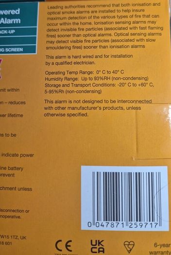 Firex KF20 Fire Alarm 230V Mains with 9V alkaline battery backup