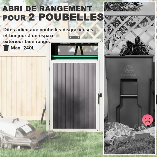 Shelter for 2 x 240 L Bins Outdoor Bin Cover 180 Lift-Up Lid Galvanized Steel 146x81x122cm Dark Gray