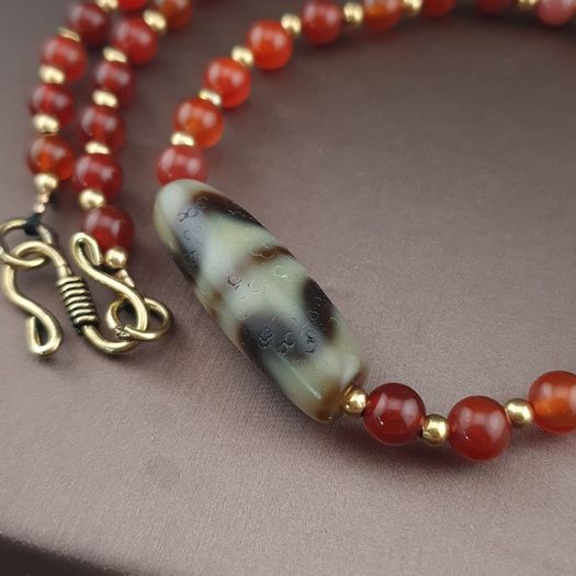 Antique Zigzag Tibetan Agate Pendant With Carnelian Beads Necklace