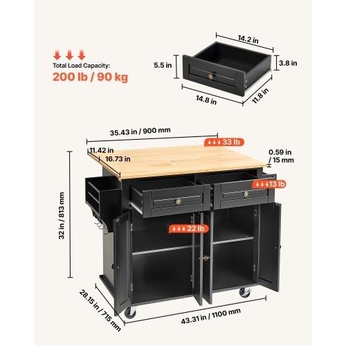 Kitchen Island Cart, 43" Wood Top Mobile Carts with Storage Cabinet, Rolling Table with Drop Leaf, Spice Rack, Towel Bar, Adjustable Shelf, Drawer, and Hooks, Portable Islands on Wheels, Black