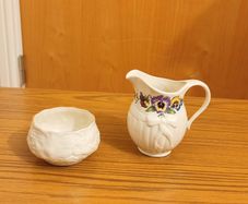 Belleek violets milk /cream jug & lotus sugar bowl