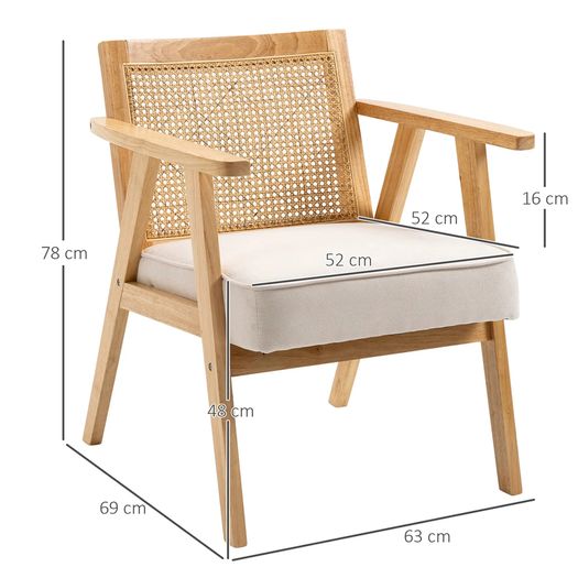 Comfortable Lounge Chair Rattan Chair with Thick Cushion - Rattan Backrest - Deep Seat - Hevea Wood Frame Linen-Look Beige