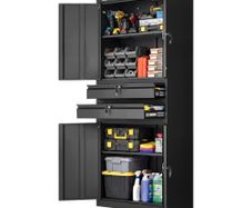 Metal Storage Cabinet, 81.5 kg Shelf Load Capacity, 1800 mm Tall Garage Tool Storage Cabinet with 4 Locking Doors and Adjustable Shelves, 2 Drawers, for Garage, Home, Office, Utility Room, Black