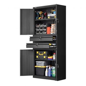 Metal Storage Cabinet, 81.5 kg Shelf Load Capacity, 1800 mm Tall Garage Tool Storage Cabinet with 4 Locking Doors and Adjustable Shelves, 2 Drawers, for Garage, Home, Office, Utility Room, Black