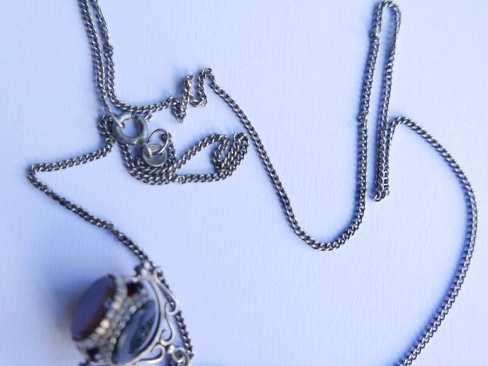 Victorian Sterling Silver 925 Triple Spinning Fob Pendant with  Chain (Onyx Agate Carnelian Spinning Fob) length 19" - 5g
