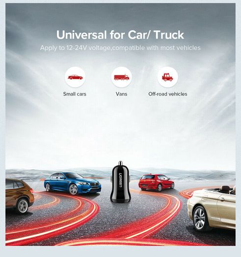 2 X Ugreen Mini Dual USB Car Fast Charger 4.8A/24W (Brand New/Warranty)