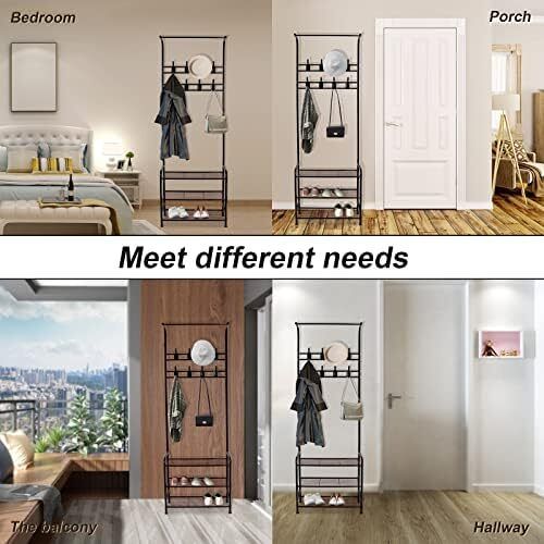 Coat Rack Stand with Shoe and Removable 16 Hooks Free Standing Hall Tree Matte Steel Frame Hat for Storage, Black
