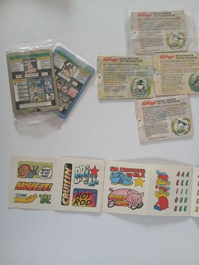 Scrace lot of 1980s retro cereal freebies . Kelloggs Rice crispies , sugar puffs stickers games and cards .