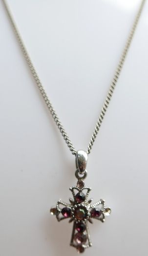 Vintage Silver Plated Cross With Multi-Color Stones Necklace length 20"