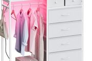 Chest of Drawers Bedroom with Hanging Rail, 110x30x106cm, White  Built-in LED Lighting and Power Socket, Reversible 6-Drawer Design, Fabric Chest of Drawers for Bedrooms and Living Rooms
