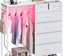 Chest of Drawers Bedroom with Hanging Rail, 110x30x106cm, White  Built-in LED Lighting and Power Socket, Reversible 6-Drawer Design, Fabric Chest of Drawers for Bedrooms and Living Rooms