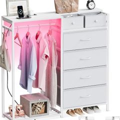 Chest of Drawers Bedroom with Hanging Rail, 110x30x106cm, White  Built-in LED Lighting and Power Socket, Reversible 6-Drawer Design, Fabric Chest of Drawers for Bedrooms and Living Rooms