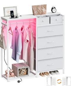 Chest of Drawers Bedroom with Hanging Rail, 110x30x106cm, White  Built-in LED Lighting and Power Socket, Reversible 6-Drawer Design, Fabric Chest of Drawers for Bedrooms and Living Rooms