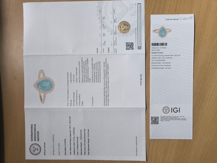 14k Yellow Gold, IGI 1.38 ct Zambia Green - 1.72 ct. tw. Emerald - Diamond