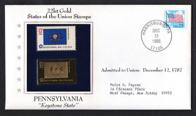 1988 USA  Pennsylvania "Keystone State" 22kt Gold Replica of the 1976 United States Flag Stamps showing 25c US flag definitive tied Harrisburg, Pennsylvania (state capital) illustrated cover