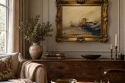 J Owens signed original oil painting - misty windmill scene, ornate gilt frame