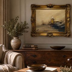 J Owens signed original oil painting - misty windmill scene, ornate gilt frame