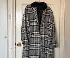 Black and White 90s Style Checkered Long Coat with Shoulder pads