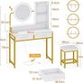 Dressing Table Set, with height-adjustable mirror for 120-180 cm, LED Lights with Adjustable Brightness, Vanity Table with stool, 2 fabric Drawers and 4 Open Compartments, 80x40x136cm, White+Gold Image 6
