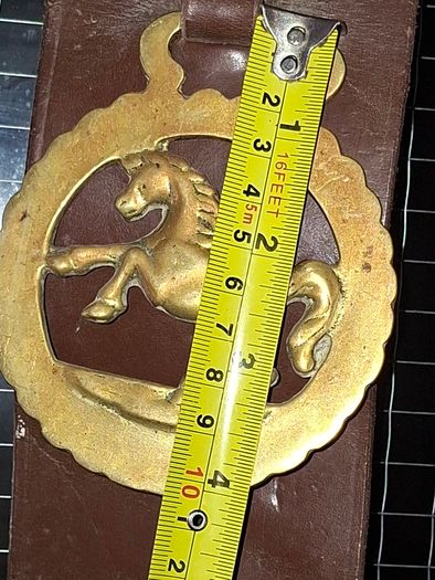 Antique Horse Brass Hanging Strap, Brown Leather Strip Mounted Five Brass Medallions Horse Brasses. Postage Available or Collection