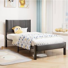 Single Bed Frame Upholstered Platform with Headboard, 90x190cm