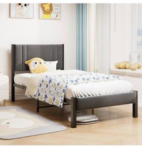 Single Bed Frame Upholstered Platform with Headboard, 90x190cm