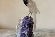 Clear Quartz Parrot on Deep Purple Amethyst Geode Base