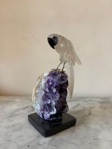 Clear Quartz Parrot on Deep Purple Amethyst Geode Base