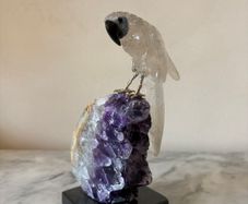 Clear Quartz Parrot on Deep Purple Amethyst Geode Base