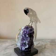 Clear Quartz Parrot on Deep Purple Amethyst Geode Base